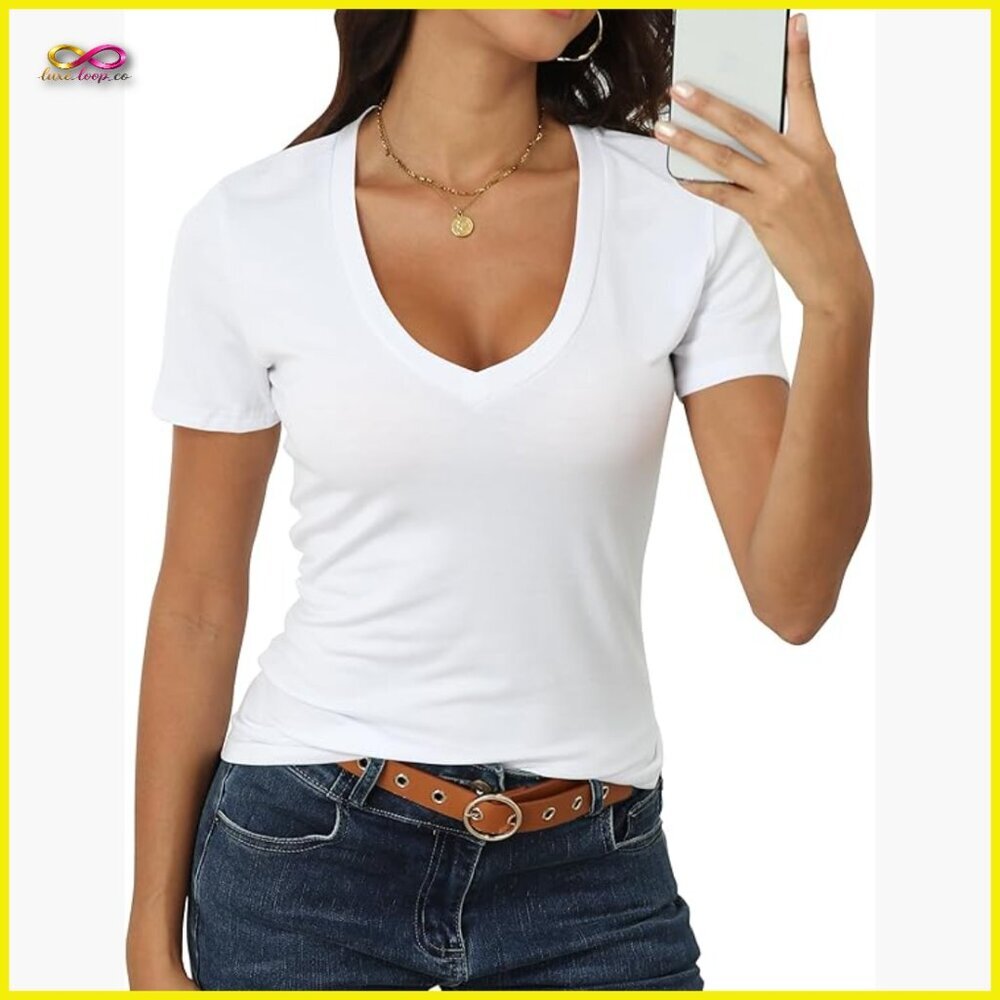 Fitted V-Neck Cotton Tee Short Sleeve Casual Summer Top Chic Minimal